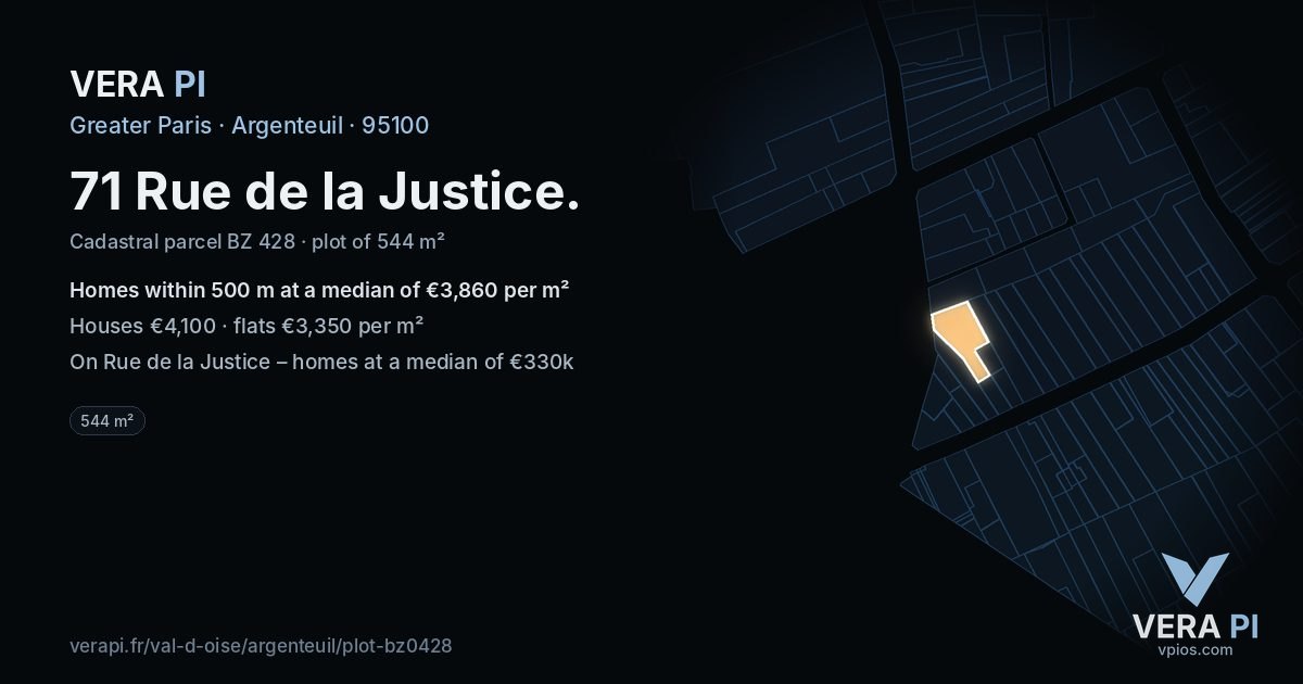 71 Rue de la Justice, Argenteuil at night – the plot lit, the parcels around coloured by the prices near them