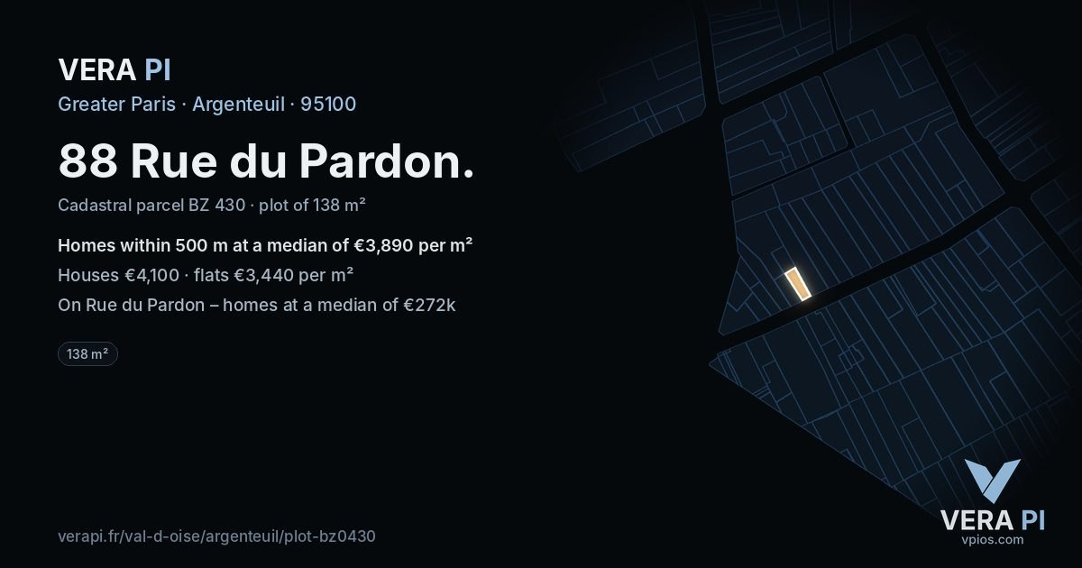88 Rue du Pardon, Argenteuil at night – the plot lit, the parcels around coloured by the prices near them