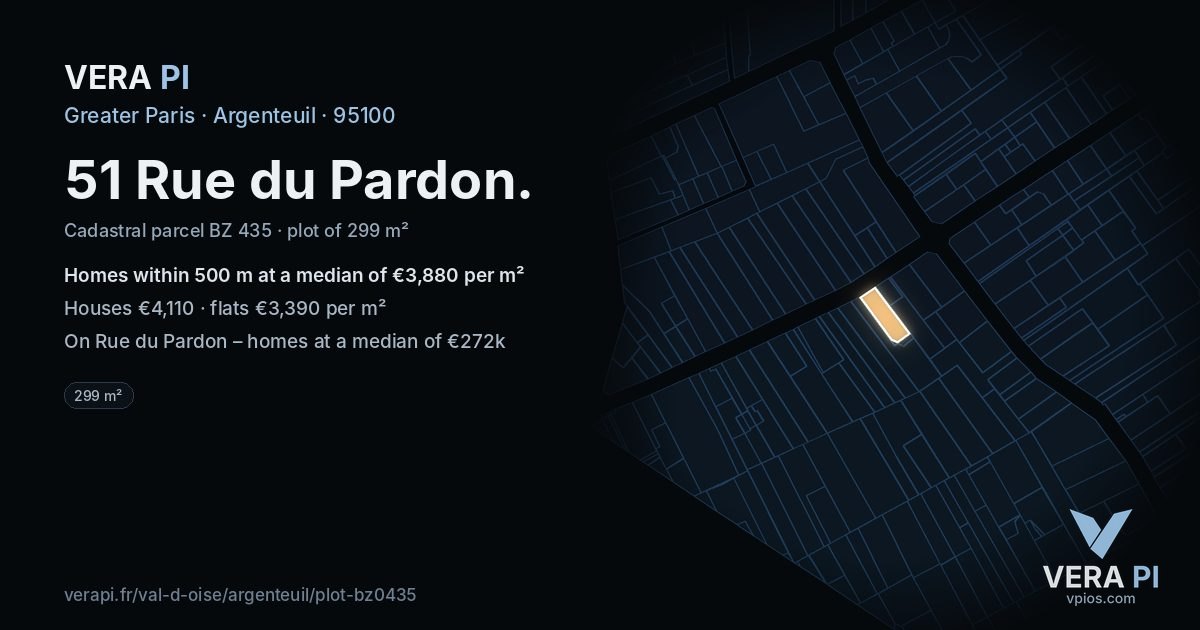 51 Rue du Pardon, Argenteuil at night – the plot lit, the parcels around coloured by the prices near them