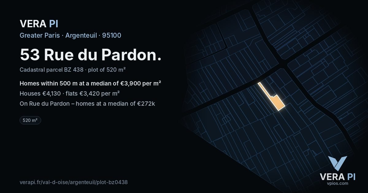 53 Rue du Pardon, Argenteuil at night – the plot lit, the parcels around coloured by the prices near them