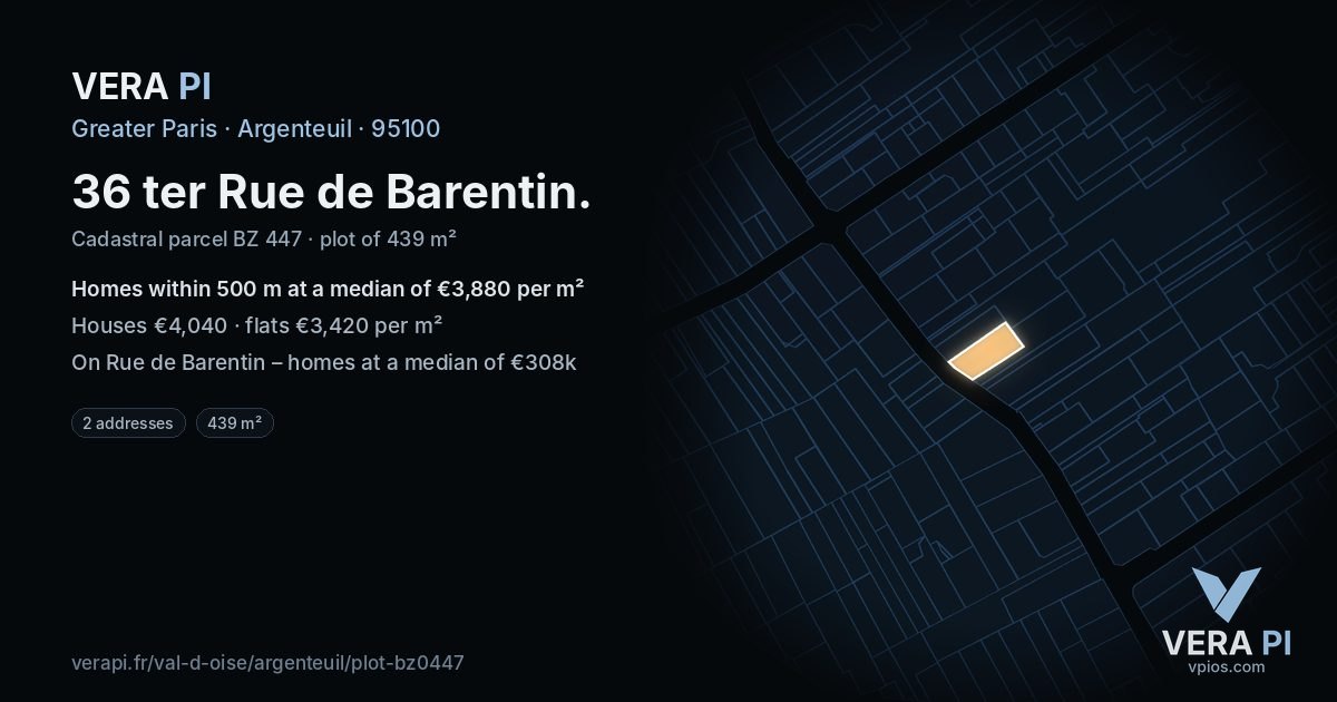 36 ter Rue de Barentin, Argenteuil at night – the plot lit, the parcels around coloured by the prices near them
