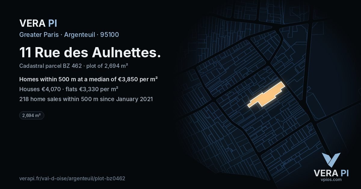 11 Rue des Aulnettes, Argenteuil at night – the plot lit, the parcels around coloured by the prices near them