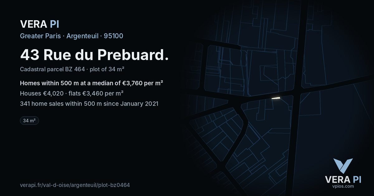 43 Rue du Prebuard, Argenteuil at night – the plot lit, the parcels around coloured by the prices near them