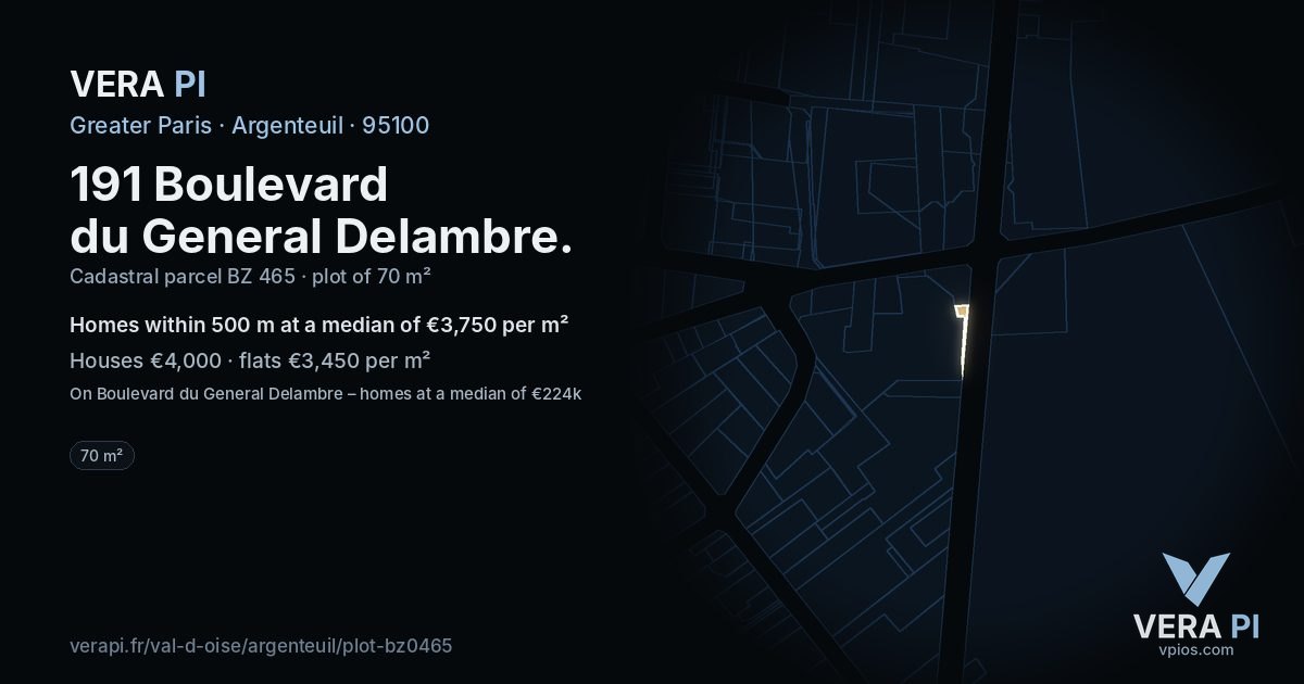 191 Boulevard du General Delambre, Argenteuil at night – the plot lit, the parcels around coloured by the prices near them