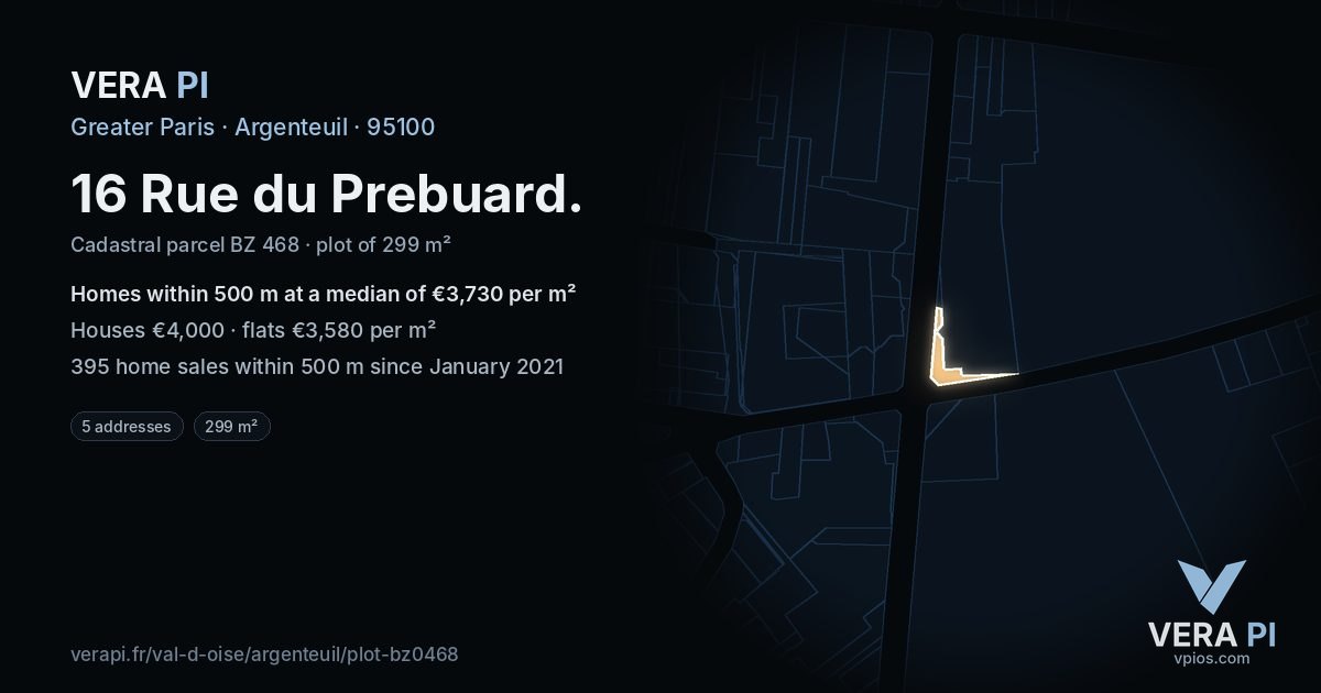 16 Rue du Prebuard, Argenteuil at night – the plot lit, the parcels around coloured by the prices near them