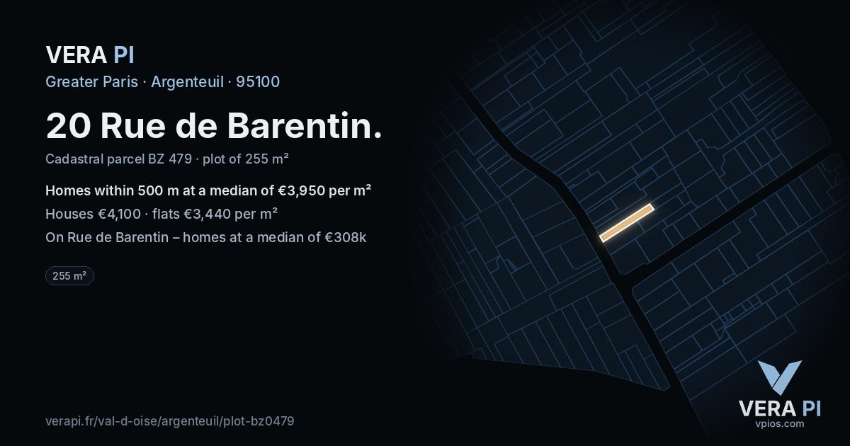 20 Rue de Barentin, Argenteuil at night – the plot lit, the parcels around coloured by the prices near them