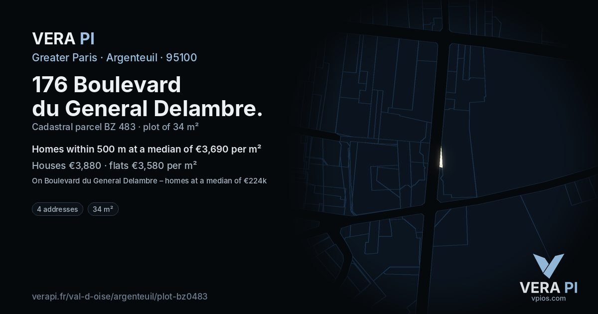 176 Boulevard du General Delambre, Argenteuil at night – the plot lit, the parcels around coloured by the prices near them