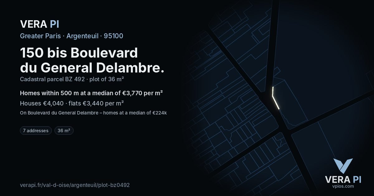150 bis Boulevard du General Delambre, Argenteuil at night – the plot lit, the parcels around coloured by the prices near them