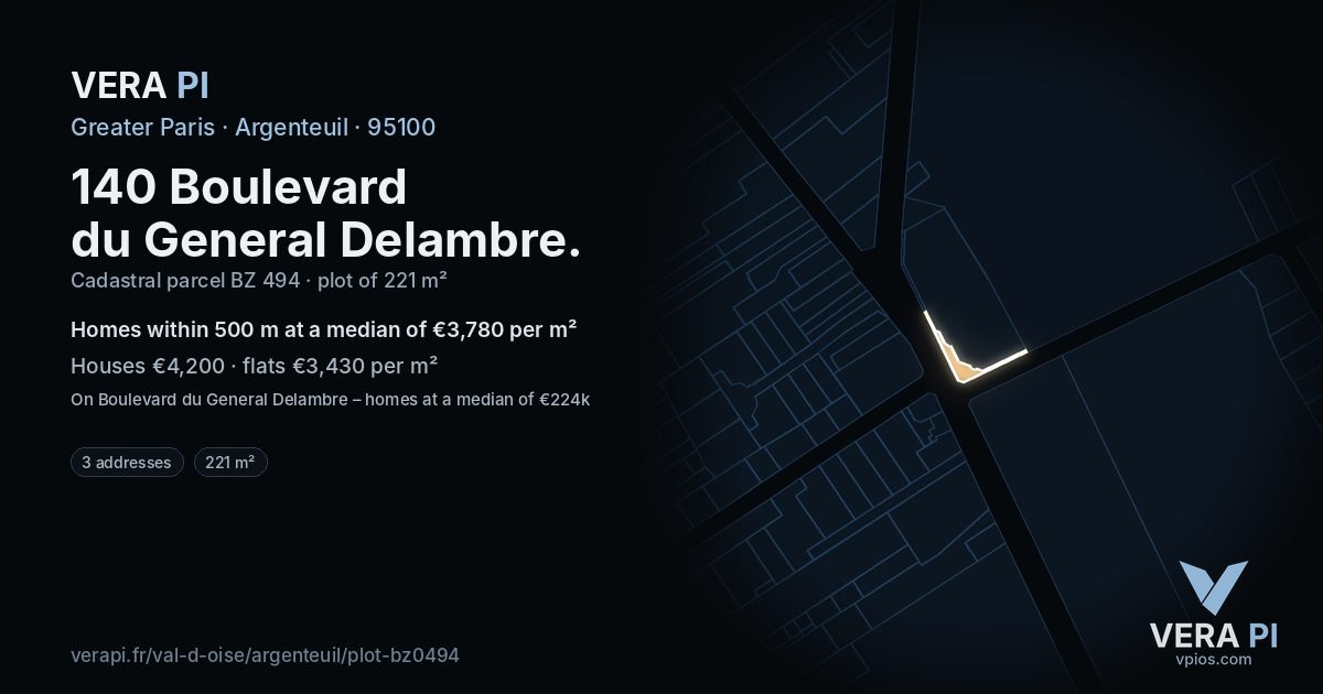 140 Boulevard du General Delambre, Argenteuil at night – the plot lit, the parcels around coloured by the prices near them