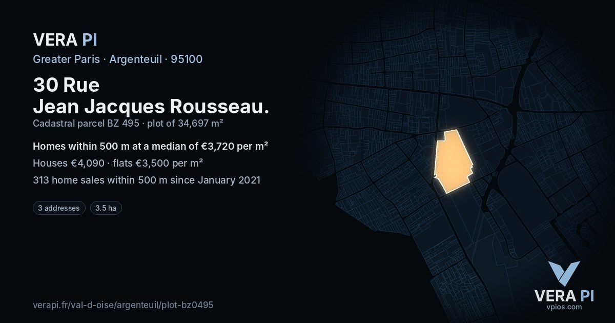 30 Rue Jean Jacques Rousseau, Argenteuil at night – the plot lit, the parcels around coloured by the prices near them