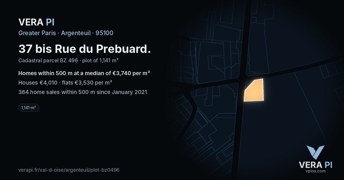 37 bis Rue du Prebuard, Argenteuil at night – the plot lit, the parcels around coloured by the prices near them