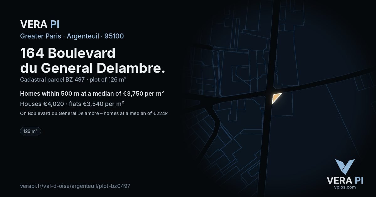 164 Boulevard du General Delambre, Argenteuil at night – the plot lit, the parcels around coloured by the prices near them