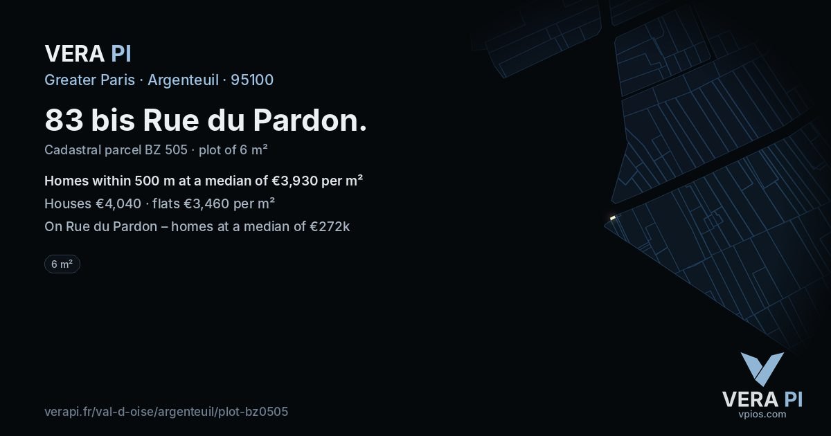 83 bis Rue du Pardon, Argenteuil at night – the plot lit, the parcels around coloured by the prices near them
