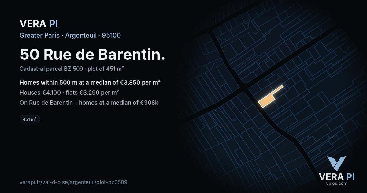 50 Rue de Barentin, Argenteuil at night – the plot lit, the parcels around coloured by the prices near them