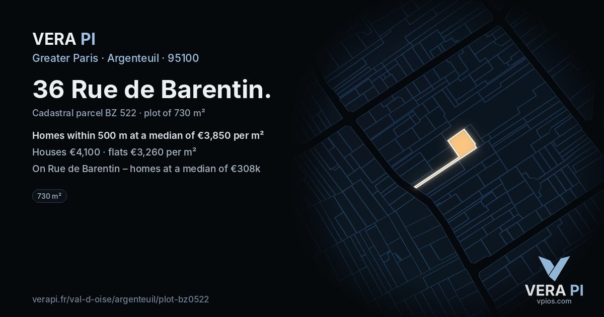 36 Rue de Barentin, Argenteuil at night – the plot lit, the parcels around coloured by the prices near them