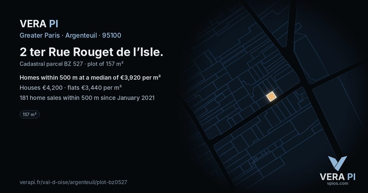 2 ter Rue Rouget de l’Isle, Argenteuil at night – the plot lit, the parcels around coloured by the prices near them