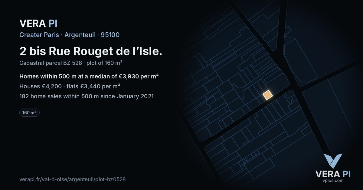 2 bis Rue Rouget de l’Isle, Argenteuil at night – the plot lit, the parcels around coloured by the prices near them