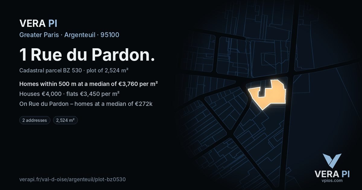 1 Rue du Pardon, Argenteuil at night – the plot lit, the parcels around coloured by the prices near them
