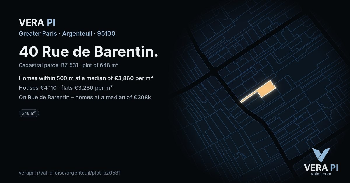 40 Rue de Barentin, Argenteuil at night – the plot lit, the parcels around coloured by the prices near them