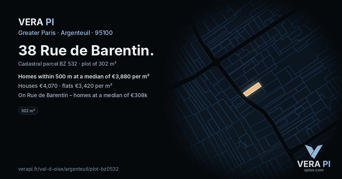 38 Rue de Barentin, Argenteuil at night – the plot lit, the parcels around coloured by the prices near them