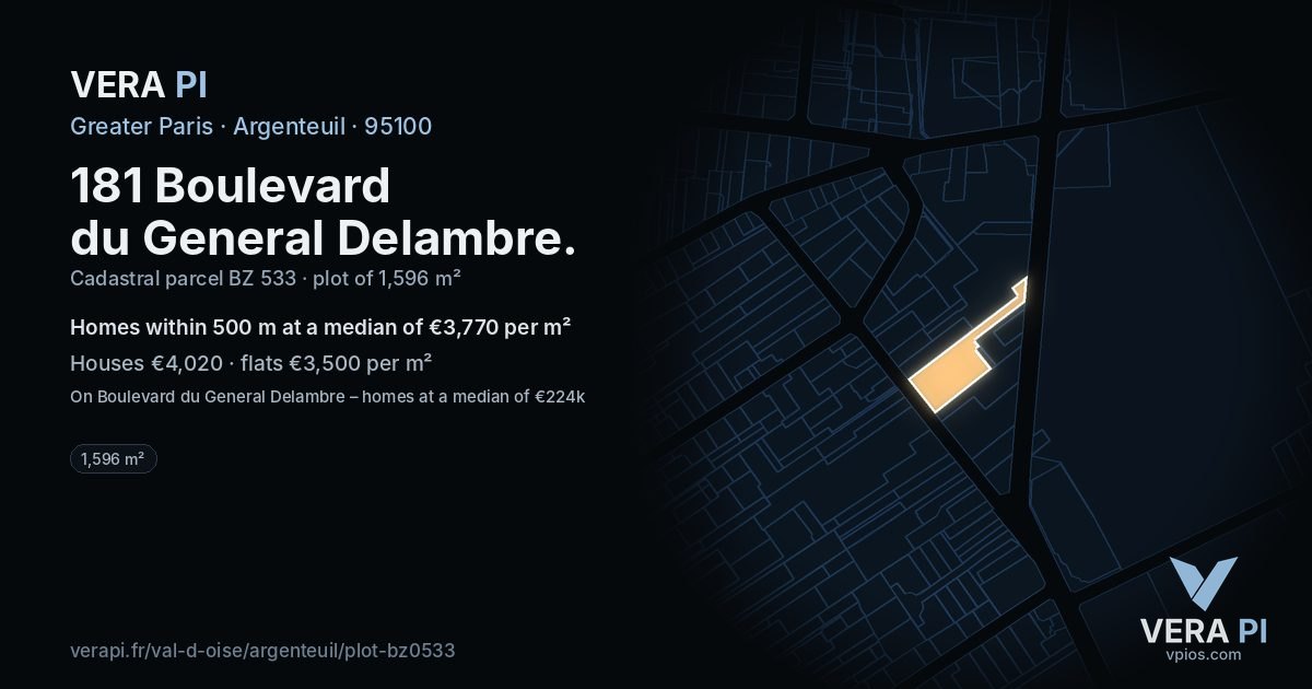 181 Boulevard du General Delambre, Argenteuil at night – the plot lit, the parcels around coloured by the prices near them