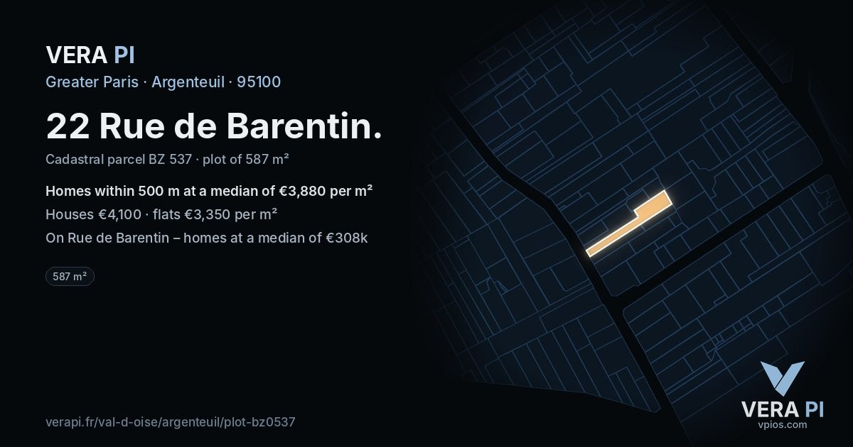 22 Rue de Barentin, Argenteuil at night – the plot lit, the parcels around coloured by the prices near them