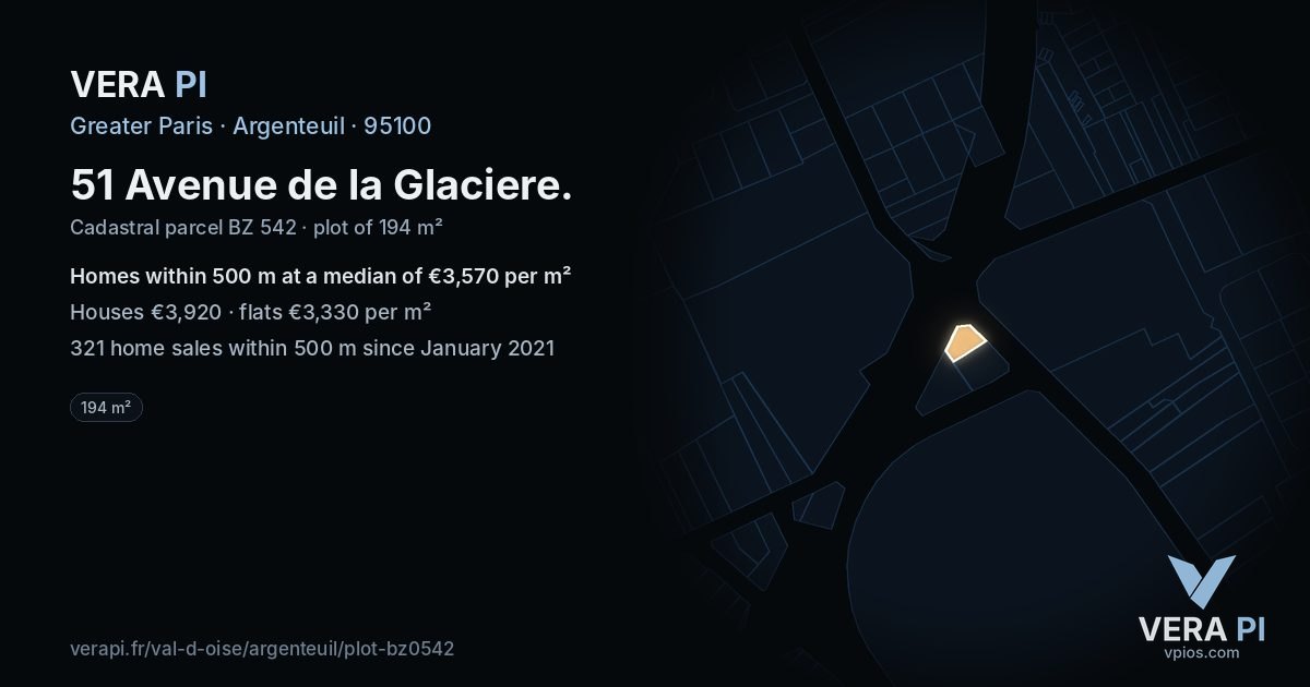 51 Avenue de la Glaciere, Argenteuil at night – the plot lit, the parcels around coloured by the prices near them