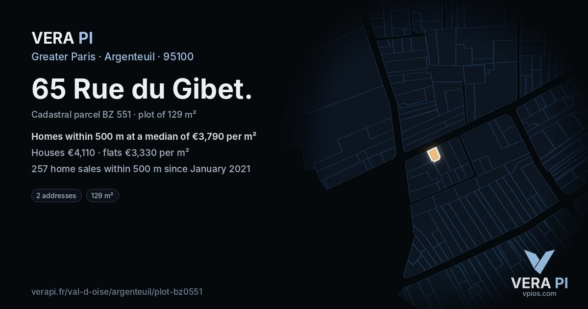 65 Rue du Gibet, Argenteuil at night – the plot lit, the parcels around coloured by the prices near them