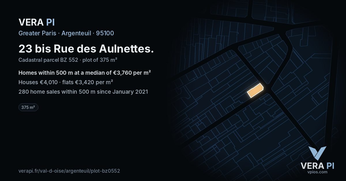 23 bis Rue des Aulnettes, Argenteuil at night – the plot lit, the parcels around coloured by the prices near them