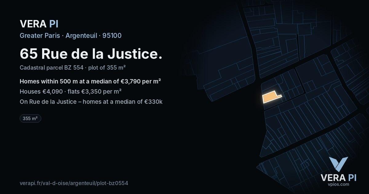 65 Rue de la Justice, Argenteuil at night – the plot lit, the parcels around coloured by the prices near them