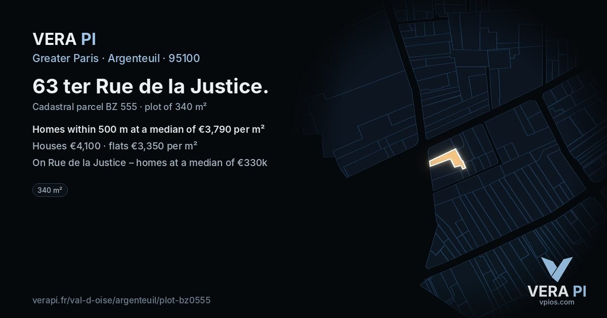 63 ter Rue de la Justice, Argenteuil at night – the plot lit, the parcels around coloured by the prices near them