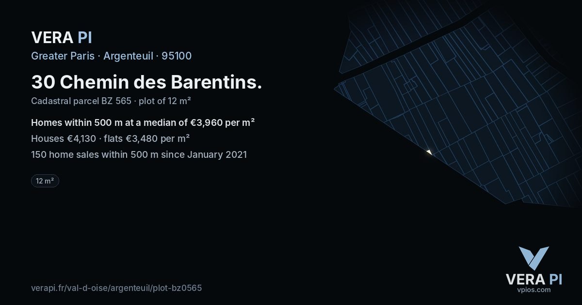 30 Chemin des Barentins, Argenteuil at night – the plot lit, the parcels around coloured by the prices near them