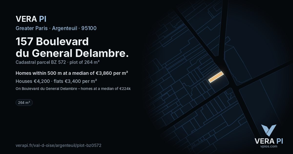 157 Boulevard du General Delambre, Argenteuil at night – the plot lit, the parcels around coloured by the prices near them
