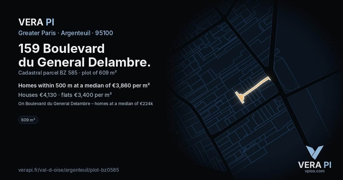 159 Boulevard du General Delambre, Argenteuil at night – the plot lit, the parcels around coloured by the prices near them
