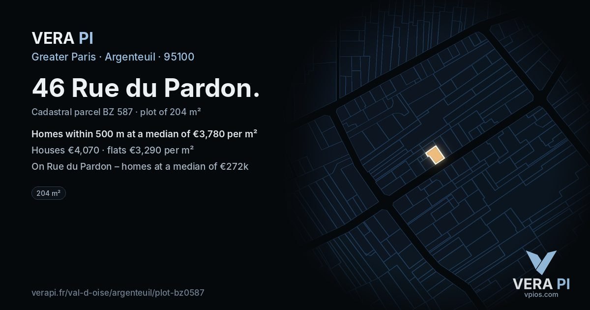46 Rue du Pardon, Argenteuil at night – the plot lit, the parcels around coloured by the prices near them