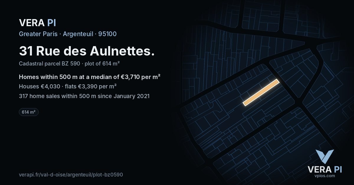 31 Rue des Aulnettes, Argenteuil at night – the plot lit, the parcels around coloured by the prices near them