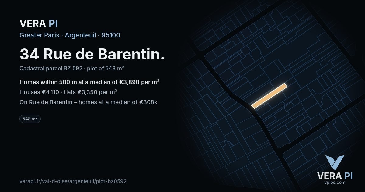 34 Rue de Barentin, Argenteuil at night – the plot lit, the parcels around coloured by the prices near them