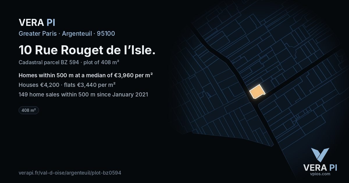 10 Rue Rouget de l’Isle, Argenteuil at night – the plot lit, the parcels around coloured by the prices near them