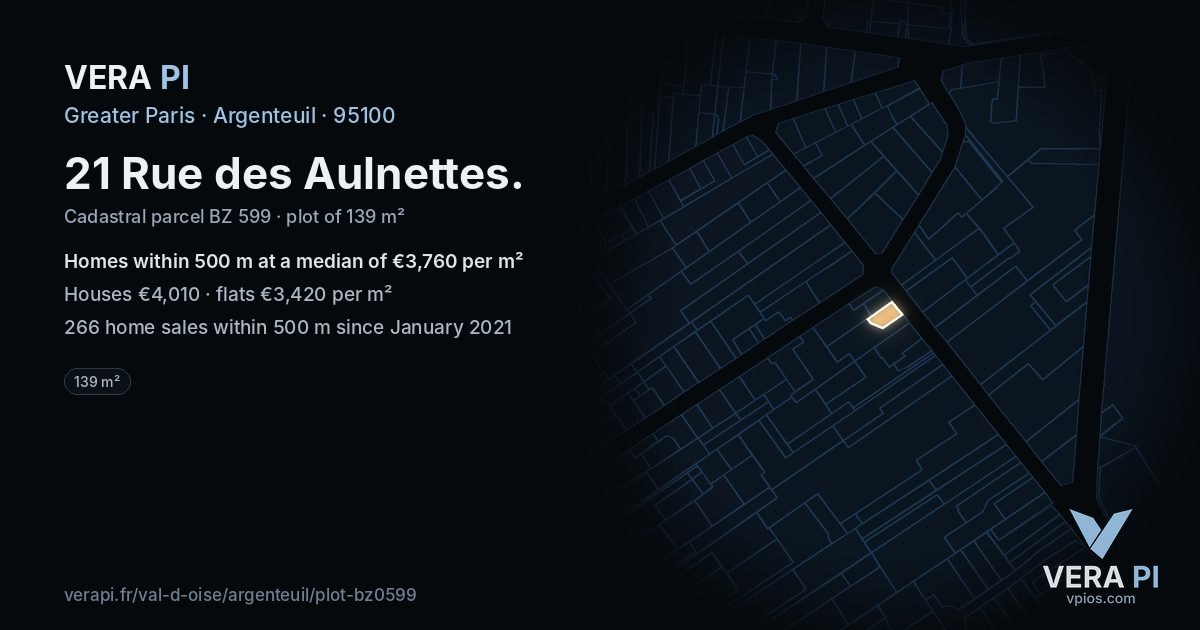 21 Rue des Aulnettes, Argenteuil at night – the plot lit, the parcels around coloured by the prices near them