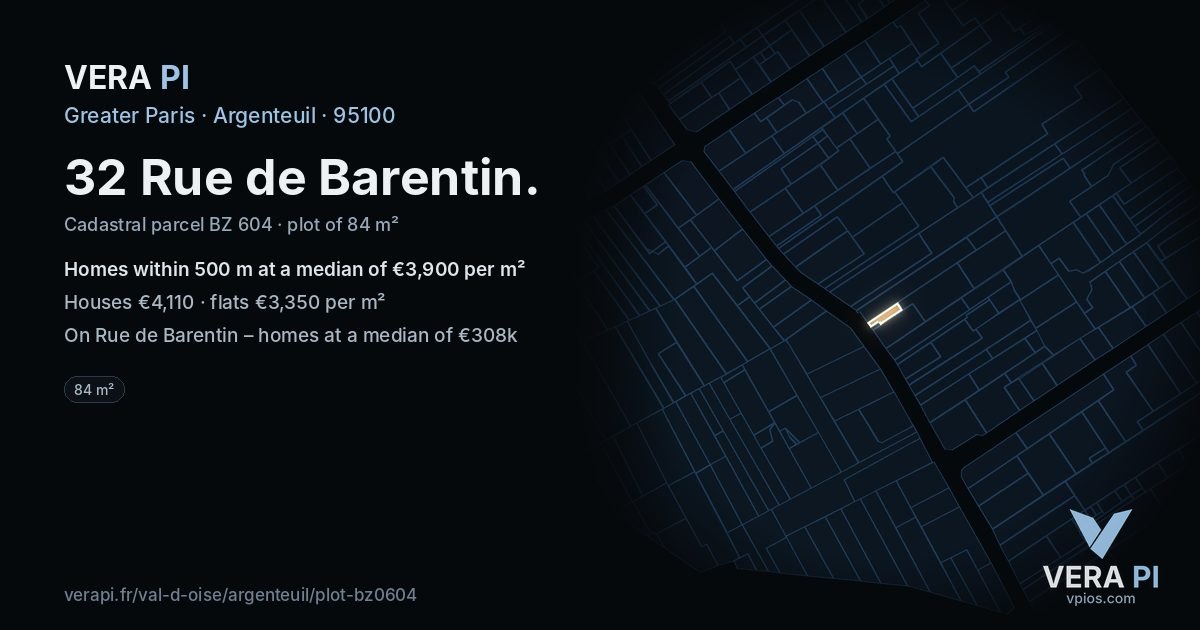 32 Rue de Barentin, Argenteuil at night – the plot lit, the parcels around coloured by the prices near them