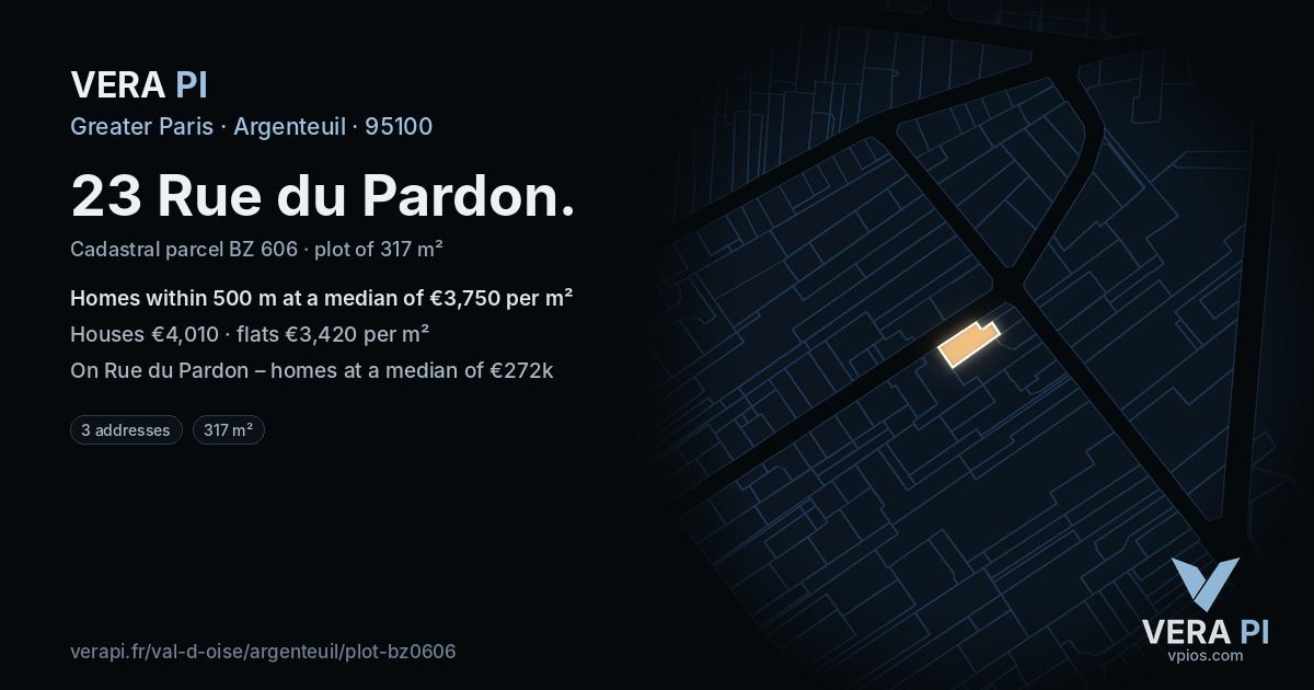 23 Rue du Pardon, Argenteuil at night – the plot lit, the parcels around coloured by the prices near them