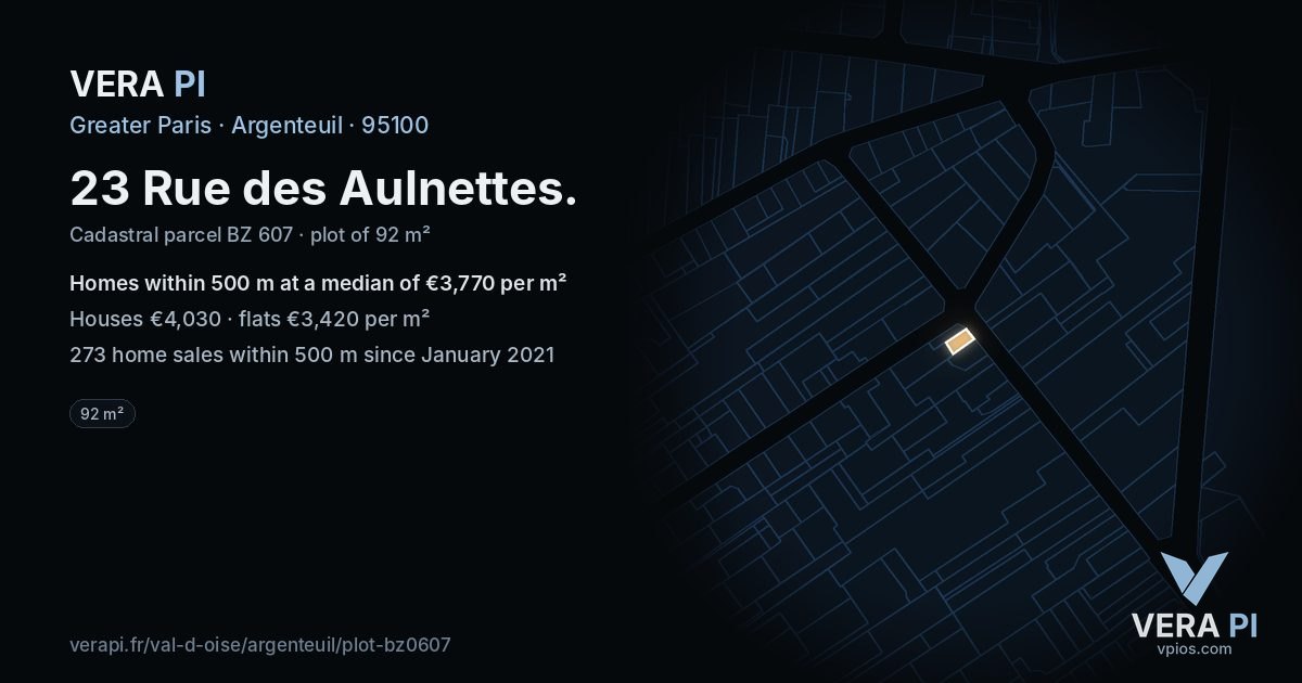 23 Rue des Aulnettes, Argenteuil at night – the plot lit, the parcels around coloured by the prices near them