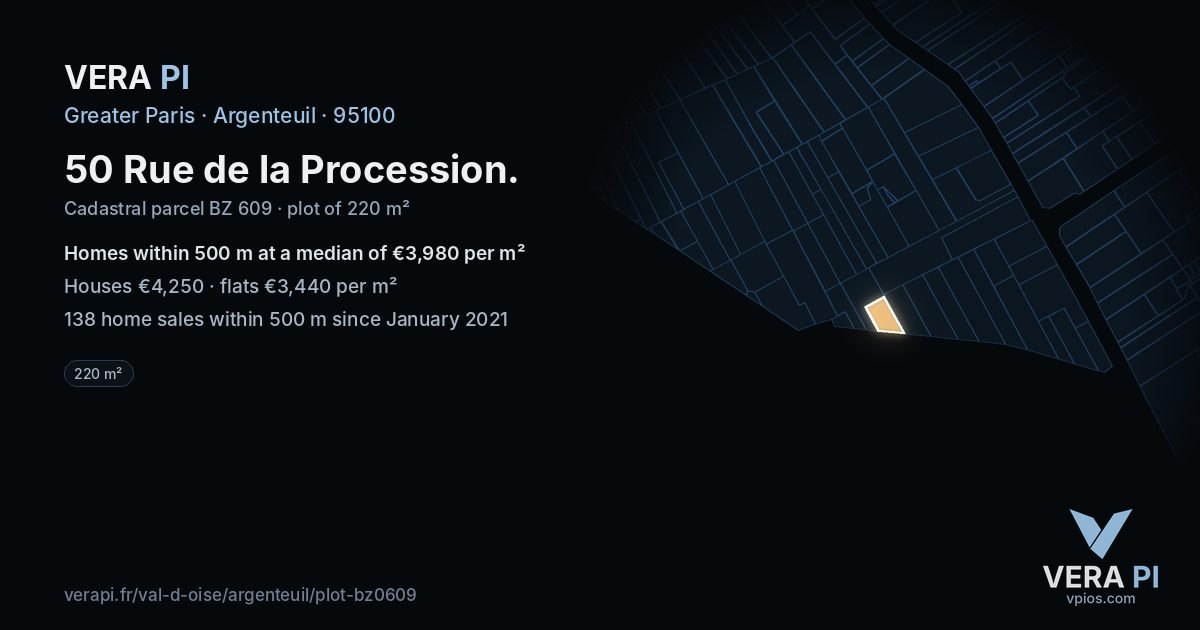 50 Rue de la Procession, Argenteuil at night – the plot lit, the parcels around coloured by the prices near them