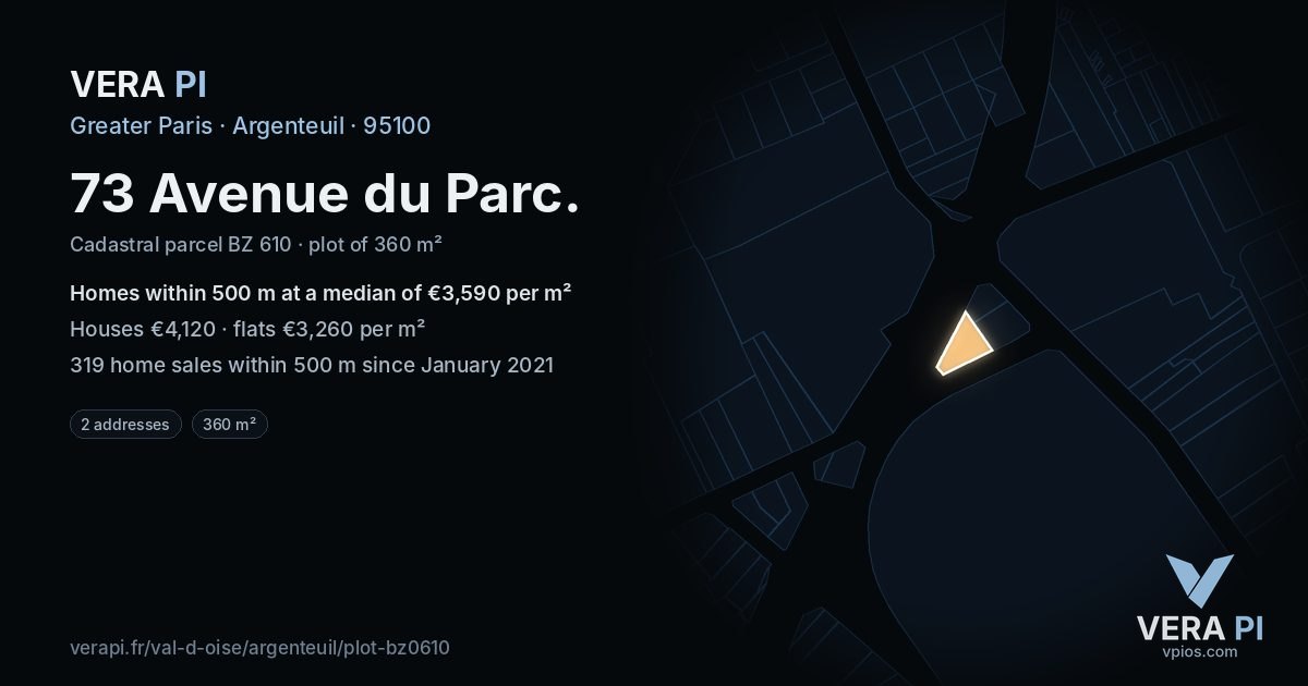 73 Avenue du Parc, Argenteuil at night – the plot lit, the parcels around coloured by the prices near them