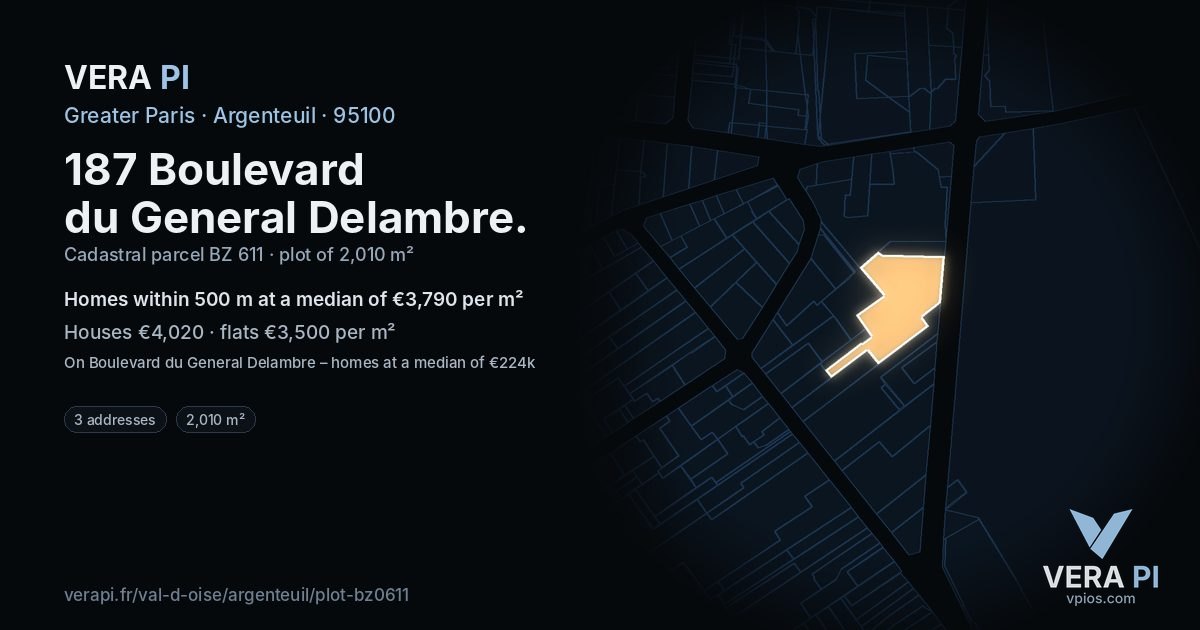 187 Boulevard du General Delambre, Argenteuil at night – the plot lit, the parcels around coloured by the prices near them