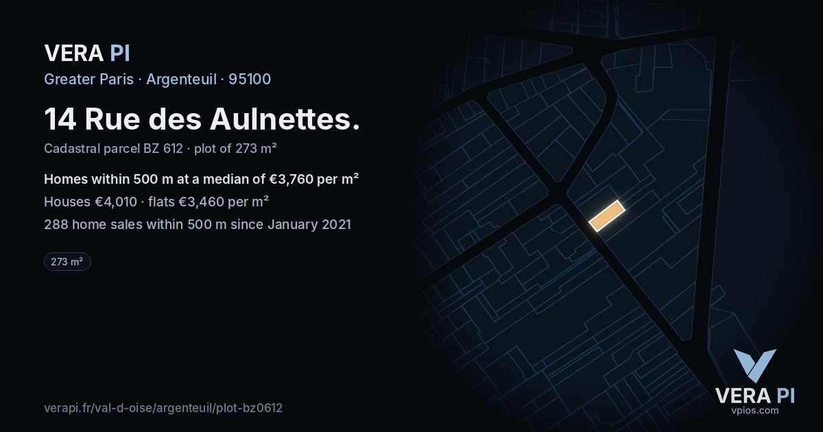 14 Rue des Aulnettes, Argenteuil at night – the plot lit, the parcels around coloured by the prices near them