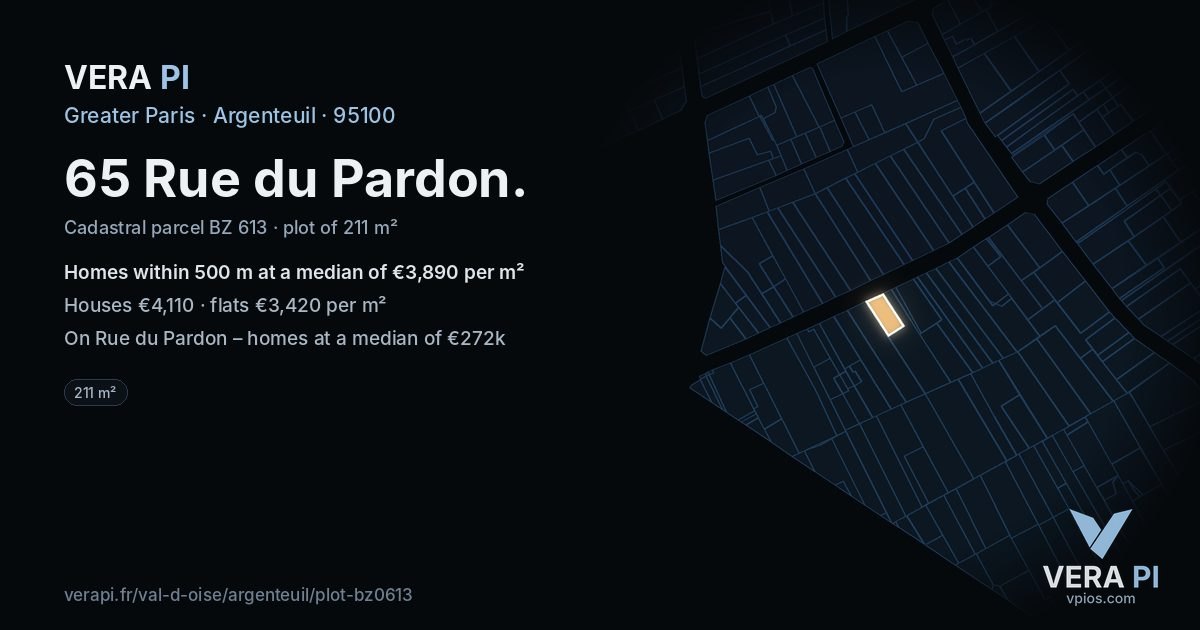 65 Rue du Pardon, Argenteuil at night – the plot lit, the parcels around coloured by the prices near them
