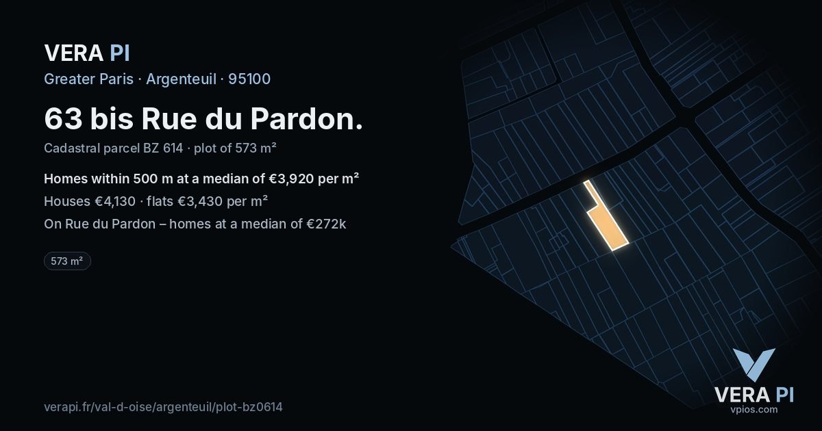 63 bis Rue du Pardon, Argenteuil at night – the plot lit, the parcels around coloured by the prices near them