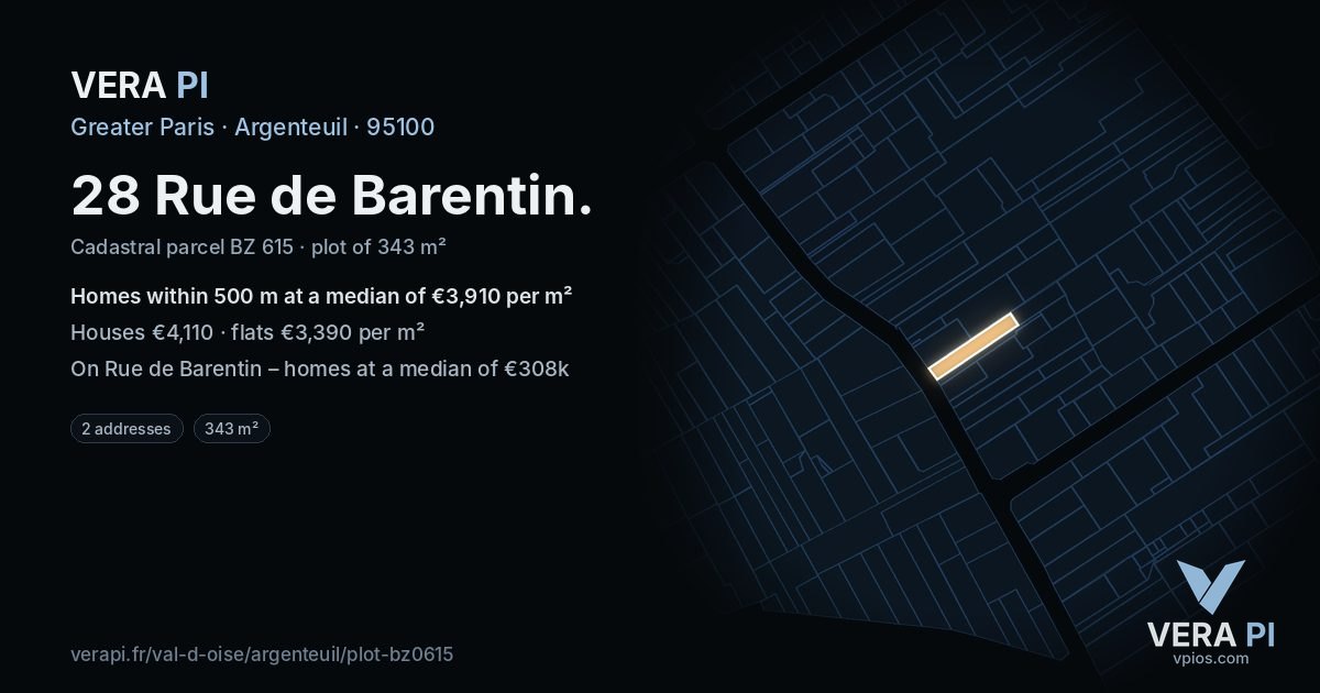 28 Rue de Barentin, Argenteuil at night – the plot lit, the parcels around coloured by the prices near them