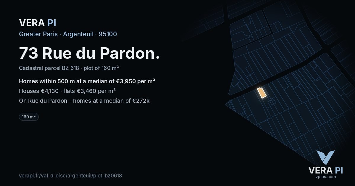 73 Rue du Pardon, Argenteuil at night – the plot lit, the parcels around coloured by the prices near them